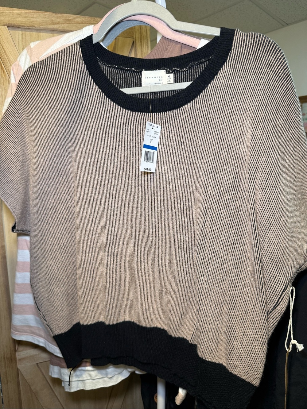 Dreamers Taupe Short-Sleeve Sweater with Black Trim